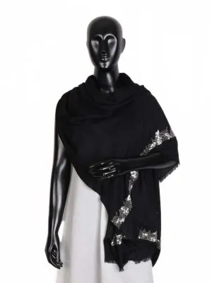 Black Color Merino Silk Embroiderry Stole For Women